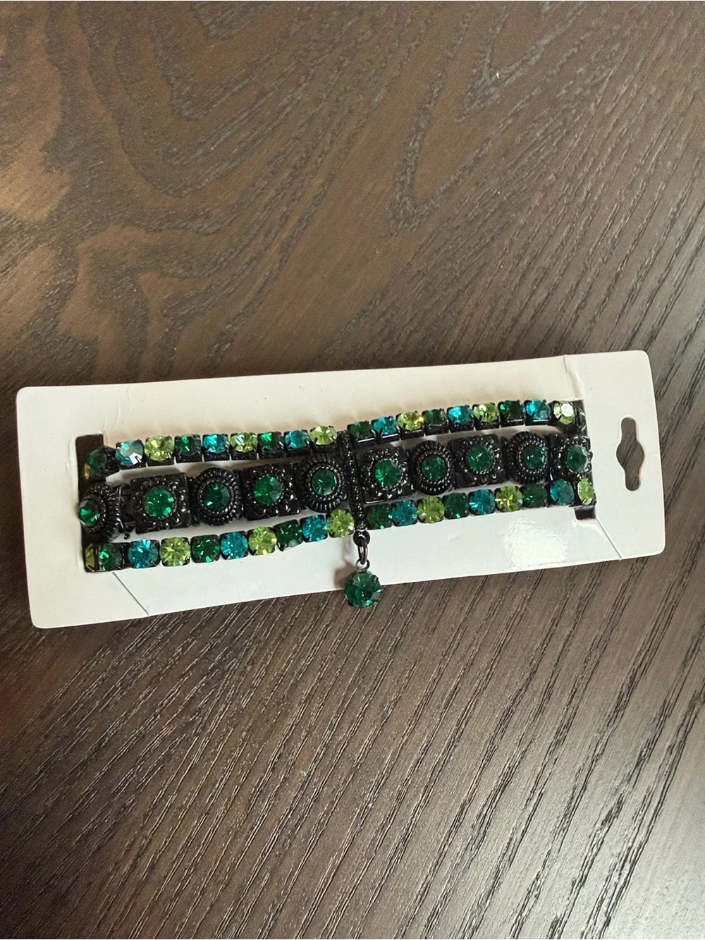 Green Crystal Multi-Row Bracelet with Dangle Accent